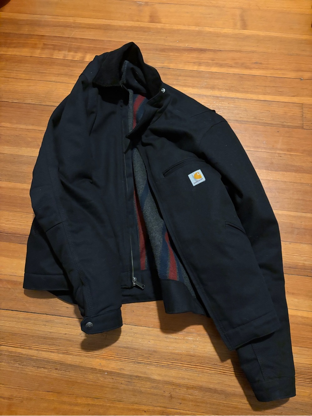 Carhartt Black Bomber-Style Duck Jacket with Striped Lining